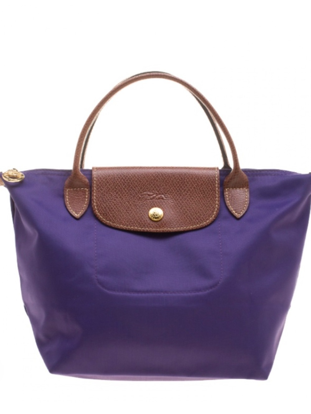Longchamp Le Pliage Purple Tote with Brown Leather Trim Modele M Depose